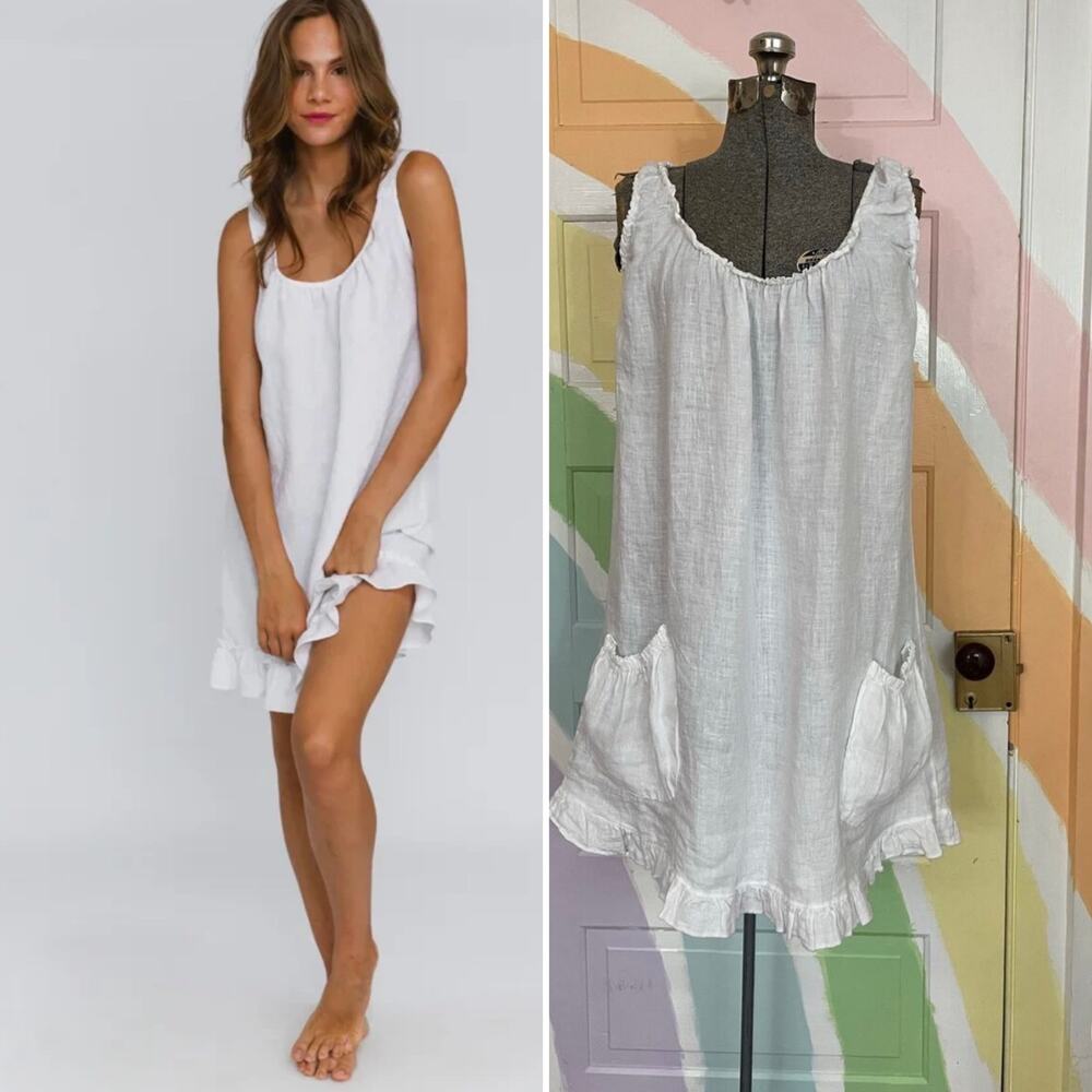 ✨Colette Italian Linen White Ruffle Pocket Dress Babydoll Coquette Nightgown OS